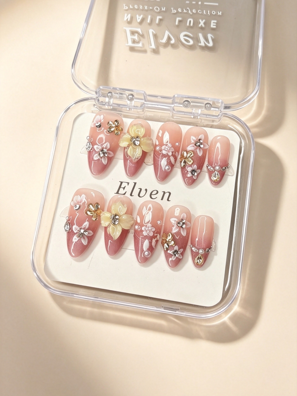 Pink Cat Eye Ombre Press On Nails With 3D Flowers Crystals & Pearl Medium Almond
